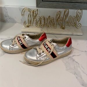Gucci Silver Sneakers with Red Accents